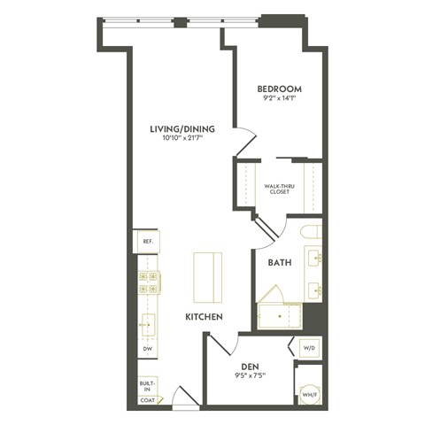 A floor plan of a room with a bedroom, living/dining area, kitchen, and bathroom.
