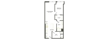 A floor plan of a small apartment with a bedroom, living/dining area, kitchen, bathroom, and den.