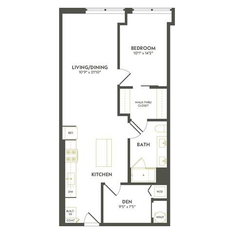 A floor plan of a small apartment with a bedroom, living/dining area, kitchen, bathroom, and den.
