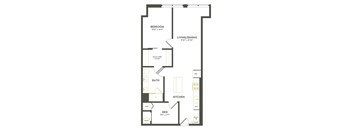 A floor plan of a home with a bedroom, living/dining area, bathroom, kitchen, and den.
