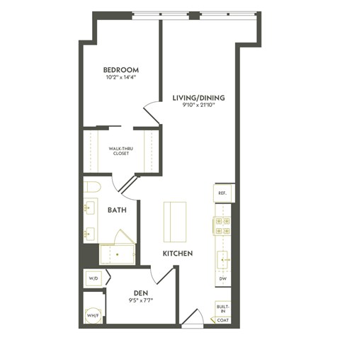 A floor plan of a home with a bedroom, living/dining area, bathroom, kitchen, and den.