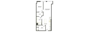 A floor plan of a room with a bedroom, living/dining area, kitchen, bath, and den.