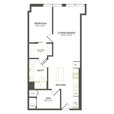 A floor plan of a room with a bedroom, living/dining area, kitchen, bath, and den.