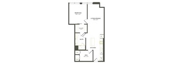 A floor plan of a home with a bedroom, living/dining area, kitchen, bath, and den.