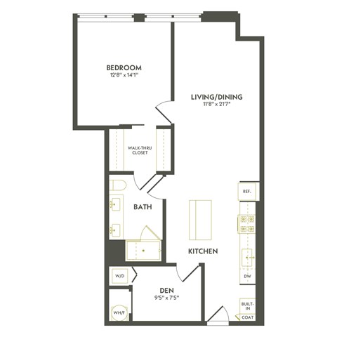 A floor plan of a home with a bedroom, living/dining area, kitchen, bath, and den.