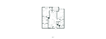 A black and white image of a floor plan for a home with two bedrooms, two bathrooms, a living room, a kitchen, and a workshop.