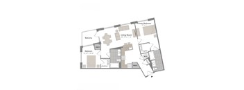 A floor plan of an apartment with a living room, two bedrooms, a balcony, and a mech.
