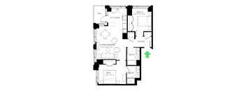 A floor plan of a house with a living room, dining room, kitchen, and two bedrooms.