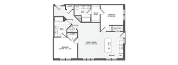 A floor plan of a house with two bedrooms, a living area, and a kitchen.