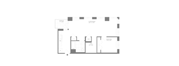 A floor plan of a house with a garage, living room, dining room, kitchen, and two bedrooms.