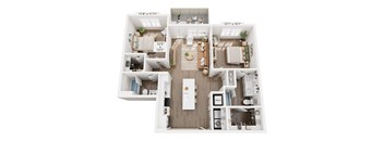 A floor plan of a two-bedroom apartment with a living room, kitchen, and bathroom.