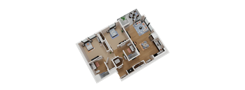 A 3D rendered image of a house layout.