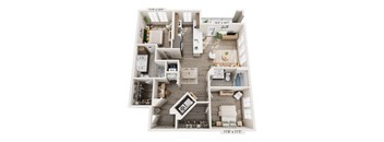 A floor plan of a two-bedroom apartment with a living room, kitchen, and bathroom.