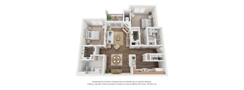 A 3D floor plan of a house with a kitchen, living room, and two bedrooms.