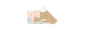 A floor plan of a home with two bedrooms, a living room, a den/office, a bathroom, a kitchen, and a closet.