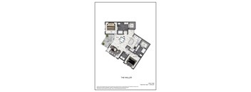 A floor plan of a two bedroom apartment with a living room, kitchen, and bathroom.