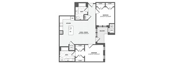 A floor plan of a house with two bedrooms, a living room, a kitchen, a bathroom, and a balcony.