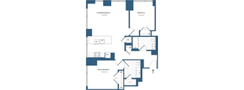 A blueprint of a house layout with a living/dining room, two bedrooms, and a primary bedroom.