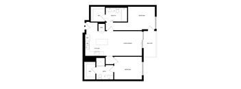 A floor plan of a house with a living room, dining room, kitchen, two bedrooms, a bathroom, and a W/D.