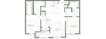 A floor plan of a house with a kitchen, dining room, living room, and two bedrooms.