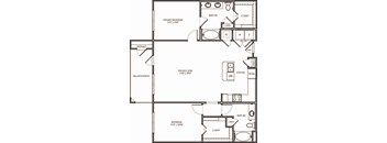 A floor plan of a home with a primary bedroom, dining/living area, and two bathrooms.