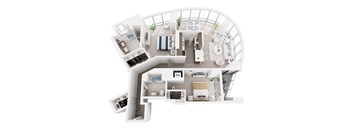 A white floor plan of a house with a kitchen, living room, and bathroom.