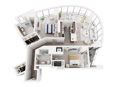 A white floor plan of a house with a kitchen, living room, and bathroom.