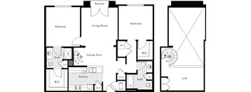 A floor plan of a house with a loft and a dining area.