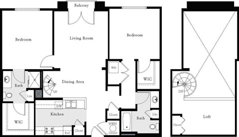 A floor plan of a house with a loft and a dining area.