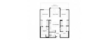 A floor plan of a house with a master suite, great room, and kitchen/dining area.