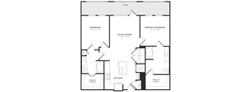 A black and white floor plan of a home with a living room, kitchen, and two bedrooms.