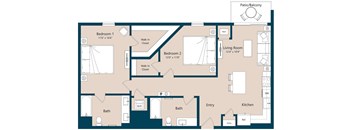 A floor plan of a house with two bedrooms, a living room, a kitchen, two bathrooms, a patio/balcony, and a walk-in closet.