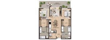 A floor plan of a house with a primary bedroom, a living room, a kitchen, a bathroom, and an outdoor space.