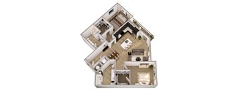 A 3D floor plan of a house with multiple rooms.