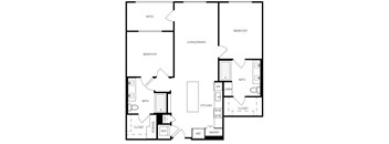 A black and white image of a house floor plan with a patio, two bedrooms, a living/dining area, a kitchen, a bath, a pantry, a closet, and a storage area.