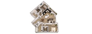A 3D floor plan of a house with multiple rooms.