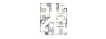 A floor plan of a home with a living room, two bedrooms, a balcony, and a laundry room.