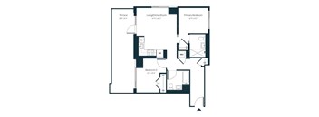 A floor plan of a house with a terrace, two bedrooms, a living/dining room, and a primary bedroom.