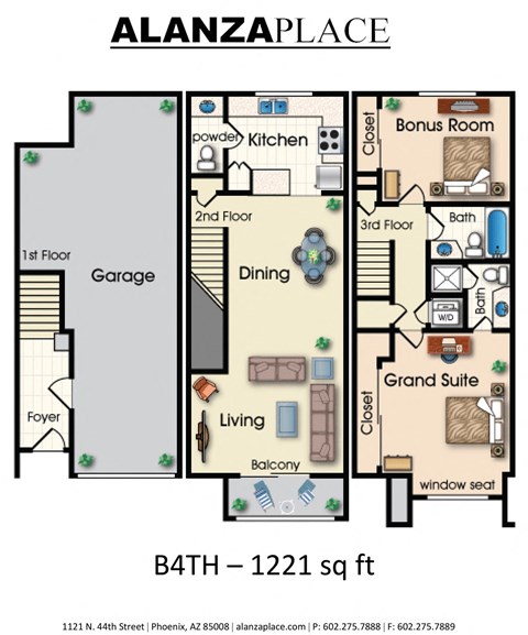 Two bedroom two and a half bathroom 1,221 Sq.Ft. Floor plan at Alanza Place, Phoenix, 85008