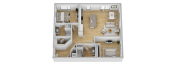 a 3d floor plan of a bedroom with a living room and a dining room
