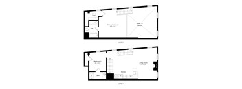 A floor plan of a two level home with two bedrooms, a living room, a bathroom and a walk-in closet.
