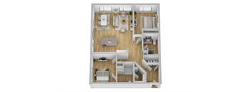 A floor plan of a house with a kitchen, living room, dining room, and two bedrooms.
