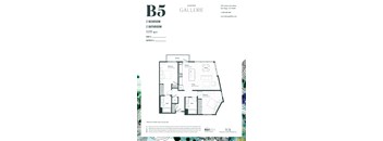 A floor plan for a two bedroom, two bathroom apartment at Alexan Gallerie.
