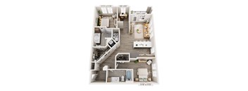 A floor plan of a two-bedroom apartment with a living room, kitchen, and bathroom.