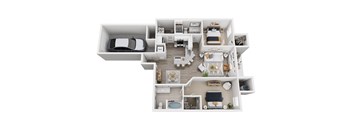 A top down view of a house interior with a car parked in the garage.