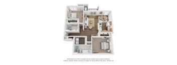 A 3D floor plan of a house with a kitchen, living room, dining room, and bathrooms.
