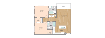 A floor plan of a house with two bedrooms, a living area, a kitchen, and a bathroom.