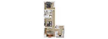 A floor plan of a house with a living room, kitchen, and bedrooms.