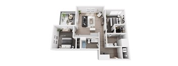 A white floor plan of a house with a kitchen, living room, and bedrooms.