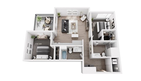 A white floor plan of a house with a kitchen, living room, and bedrooms.